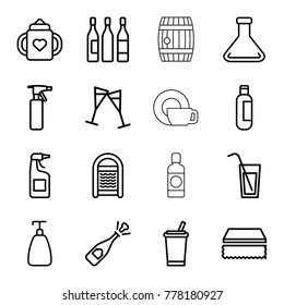 Liquid icons. set of 16 editable outline liquid icons such as baby bottle, bottle, spray bottle, soap, sponge, cleanser, drink, opened champagne, test tube, wine glass