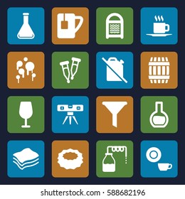 liquid icons set. Set of 16 liquid filled icons such as canister, barrel, Cocktail, sponge, dish, level ruler, tea cup, pipette, test tube, cup, blood, no oil
