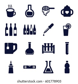 liquid icons set. Set of 16 liquid filled icons such as bottle, honey, baby bottle, pipette, level ruler, ketchup, tea cup, test tube, cup, cocktail
