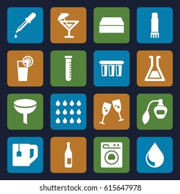 Liquid icons set. set of 16 liquid filled icons such as pipette, perfume, sponge, tea cup, test tube, glue pen, cocktail, washing machine, drop, filter, bottle