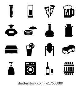 Liquid icons set. set of 16 liquid filled icons such as canister, tank, barrel, perfume, soap, sponge, pipette, bottle, test tube, cocktail, washing machine, drink