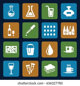 Liquid icons set. set of 16 liquid filled icons such as bottle, pipette, perfume, sponge, water drop, paint bucket, cup, tea, wine glass, wine glass and bottle, drop