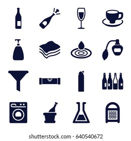 Liquid icons set. set of 16 liquid filled icons such as bottle, level ruler, perfume, soap, water drop, cleanser, sponge, opened champagne, coffee cup, wine glass, champagne