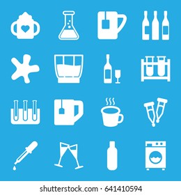 Liquid icons set. set of 16 liquid filled icons such as baby bottle, pipette, bottle, splash, tea cup, test tube, cup, wine glass, drink, wine glass and bottle