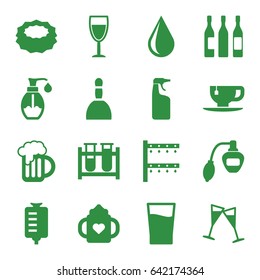 Liquid icons set. set of 16 liquid filled icons such as baby bottle, perfume, spa bag, water drop, cleanser, sponge, tea cup, irrigation system, test tube, drop counter, soap