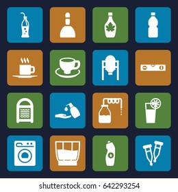 Liquid icons set. set of 16 liquid filled icons such as canister, tank, spa bag, sponge, liquid soap, level ruler, water bottle, maple syrup, coffee cup, pipette, cup