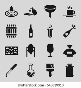 Liquid icons set. set of 16 liquid filled icons such as canister, tank, barrel, perfume, water drop, cocktail, sponge, liquid soap, paint brush, opened champagne, pipette