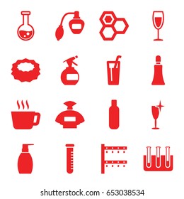 Liquid icons set. set of 16 liquid filled icons such as perfume, bottle, spray bottle, honey, cream tube, bottle soap, sponge, clean wine glass, irrigation system, test tube