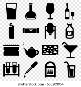 Liquid icons set. set of 16 liquid filled icons such as tank, level ruler, pipette, teapot, cocktail, sponge, cleanser, test tube, milk, bottle, drink, wine glass and bottle