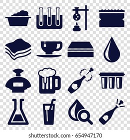 Liquid icons set. set of 16 liquid filled icons such as perfume, sponge, water drop, laundry, opened champagne, tea cup, drop under magnifier, test tube, champagne, filter