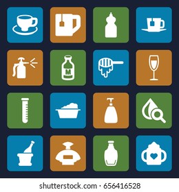 Liquid icons set. set of 16 liquid filled icons such as honey, baby bottle, perfume, soap, laundry, cleanser, tea cup, coffee cup, spray bottle, drop under magnifier, milk