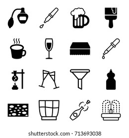 Liquid icons set. set of 16 liquid filled and outline icons such as perfume, sponge, cleanser, paint brush, cup, wine glass, beer mug, pipette, fountain, champagne, drink
