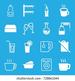 Liquid icons set. set of 16 liquid filled and outline icons such as canister, sponge, laundry, irrigation system, cup, soda bottle, cocktail, test tube, no oil, cleanser