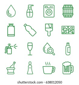 Liquid icons set. set of 16 liquid outline icons such as canister, barrel, bottle, cream tube, sponge, bottle soap, paint brush, spray bottle, drop under magnifier, wine glass