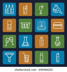 Liquid icons set. set of 16 liquid outline icons such as bottle, sponge, cleanser, clean wine glass, fountain, test tube search, glue pen, wine glass, drink, filter, test tube