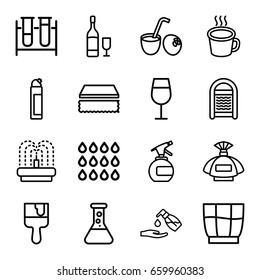 Liquid icons set. set of 16 liquid outline icons such as perfume, spray bottle, cocktail, sponge, cleanser, liquid soap, paint brush, fountain, test tube, cup, drink