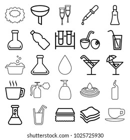 Liquid icons. set of 25 editable outline liquid icons such as pipette, cream tube, cocktail, sponge, filter, tea, test tube, bottle, cocktail, drink coconut, soap, water drop