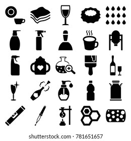 Liquid icons. set of 25 editable filled liquid icons such as tank, baby bottle, spray bottle, honey, cleanser, sponge, dish, clean wine glass, paint brush, test tube, soap