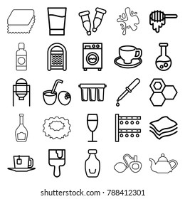 Liquid icons. set of 25 editable outline liquid icons such as tank, honey, sponge, paint brush, coffee cup, irrigation system, pipette, test tube, bottle, wine glass, drink