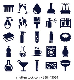 Liquid icons set. set of 25 liquid filled icons such as spray bottle, cocktail, sponge, paint brush, fountain, test tube, soap, bottle, cup, glue pen, wine glass