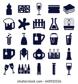Liquid icons set. set of 25 liquid filled icons such as tank, bottle, baby bottle, soap, cream tube, sponge, splash, cleanser, paint bucket, beer mug, tea cup, fountain