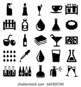 Liquid icons set. set of 25 liquid filled icons such as bottle, pipette, cream tube, cocktail, sponge, water drop, cleanser, clean wine glass, tea cup, spray bottle, test tube