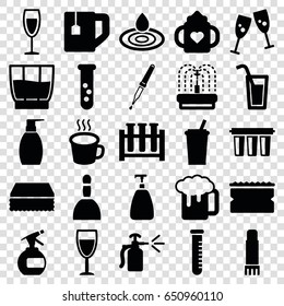 Liquid icons set. set of 25 liquid filled icons such as baby bottle, spa bag, spray bottle, soap, water drop, sponge, bottle soap, beer mug, tea cup, fountain, pipette