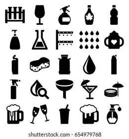 Liquid icons set. set of 25 liquid filled icons such as canister, baby bottle, spray bottle, soap, cocktail, water drop, cleanser, sponge, beer mug, maple syrup