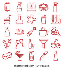 Liquid icons set. set of 25 liquid outline icons such as pipette, spray bottle, soap, cream tube, splash, bottle soap, cleanser, sponge, fountain, drop counter, test tube