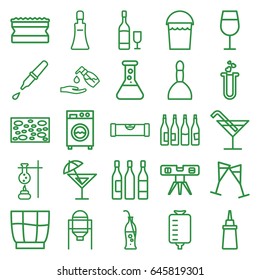 Liquid icons set. set of 25 liquid outline icons such as tank, bottle, level ruler, spa bag, cream tube, cocktail, bucket, sponge, liquid soap, ketchup, drop counter