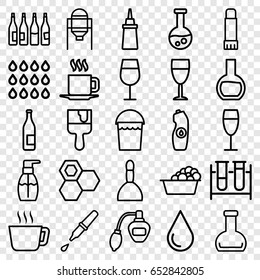Liquid icons set. set of 25 liquid outline icons such as tank, bottle, perfume, spa bag, honey, cocktail, bucket, water drop, laundry, bottle soap, paint brush, ketchup