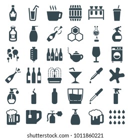 Liquid icons. set of 36 editable filled liquid icons such as bottle, barrel, pipette, spray bottle, teapot, cocktail, splash, bottle soap, opened champagne, beer mug, tea