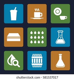 liquid icons set. Set of 9 liquid filled icons such as barrel, sponge, dish, drop under magnifier, test tube, cup, drop