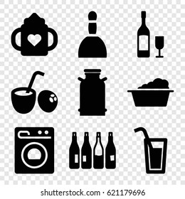 Liquid icons set. set of 9 liquid filled icons such as canister, bottle, baby bottle, spa bag, laundry, washing machine, wine glass and bottle, cocktail