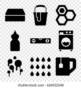 Liquid icons set. set of 9 liquid filled icons such as honey, sponge, cleanser, level ruler, paint bucket, tea cup, washing machine, drop