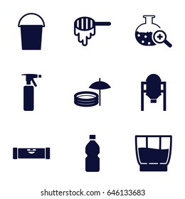 Liquid icons set. set of 9 liquid filled icons such as tank, honey, level ruler, spray bottle, bucket, test tube search, drink, bottle
