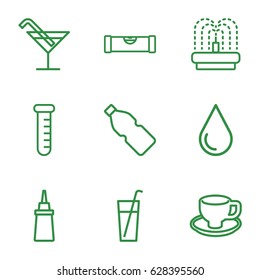 Liquid icons set. set of 9 liquid outline icons such as level ruler, Cocktail, water drop, ketchup, coffee cup, fountain, test tube, bottle