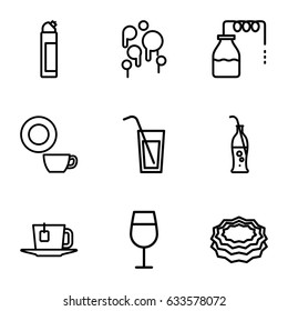 Liquid icons set. set of 9 liquid outline icons such as canister, cocktail, cleanser, sponge, dish, soda bottle, tea, cocktail