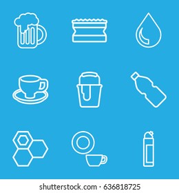 Liquid icons set. set of 9 liquid outline icons such as honey, cleanser, sponge, dish, paint bucket, coffee cup, beer mug, drop