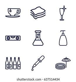 Liquid icons set. set of 9 liquid outline icons such as bottle, pipette, soap, clean wine glass, level ruler, tea cup, sponge, inflatable pool and umbrella