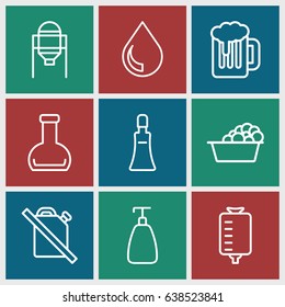 Liquid icons set. set of 9 liquid outline icons such as tank, soap, cream tube, laundry, drop counter, bottle, drop, beer