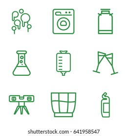 Liquid icons set. set of 9 liquid outline icons such as canister, cleanser, level ruler, drop counter, wine glass, washing machine, drink, blood
