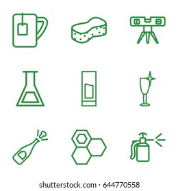 Liquid icons set. set of 9 liquid outline icons such as honey, sponge, clean wine glass, level ruler, spray bottle, tea cup, drink, test tube