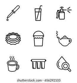 Liquid icons set. set of 9 liquid outline icons such as teapot, bucket, sponge, spray bottle, pipette, drop under magnifier, cup, filter