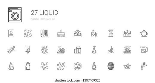 liquid icons set. Collection of liquid with barrel, syrup, soap, bubbles, milk, flask, watering, love potion, flood, perfume, dispenser, bottle. Editable and scalable liquid icons.