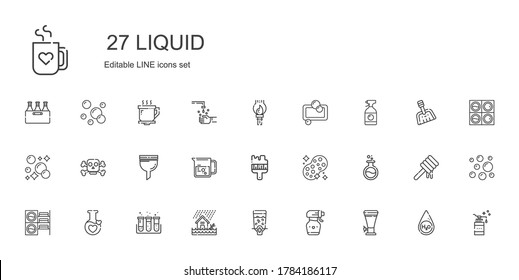 liquid icons set. Collection of liquid with beer, spray bottle, dispenser, flood, test tube, potion, washing machine, flask, sponge, brush. Editable and scalable liquid icons.