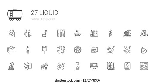 liquid icons set. Collection of liquid with brushes, monitor, window cleaner, bubbles, lemonade, test tube, flask, beaker, bottle cap, sponge. Editable and scalable liquid icons.