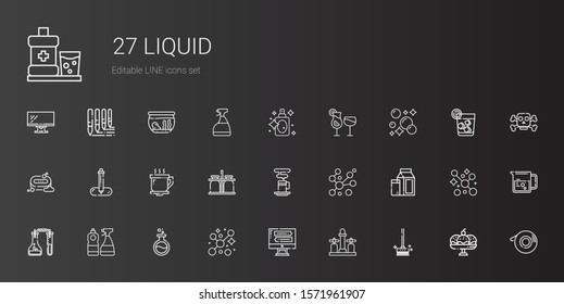 liquid icons set. Collection of liquid with brushes, faucet, monitor, bubbles, flask, window cleaner, milk, coffee cup, milk jar, pipette. Editable and scalable liquid icons.