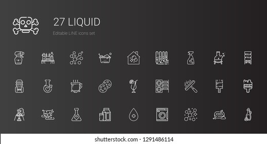 liquid icons set. Collection of liquid with bubbles, washing machine, alcohol, milk, potion, sponge, flask, window cleaner, cocktail, coffee cup. Editable and scalable liquid icons.