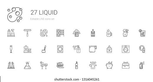 liquid icons set. Collection of liquid with cauldron, perfume, bottle, brush, cocktails, flask, glue, coffee cup, soap, washing machine, ink. Editable and scalable liquid icons.